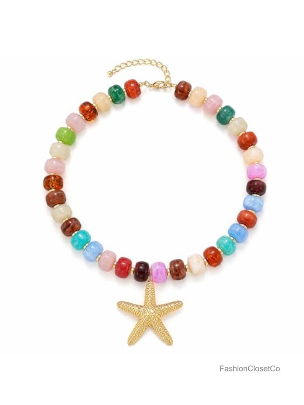 Chunky Beaded Starfish Shell Necklace Acrylic Beads Boho Summer Choker Beach